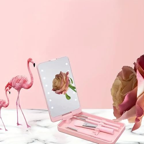 Image of PRIME PICK Glow Pro Vanity Mirror 2 in 1 Rotatable Makeup Mirror LED Light Dimmable Touch Control with 5 Makeup Brushes Portable Travel Beauty Mirror for Women Pink