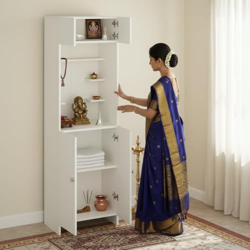 Image of FURNEASER Shivika Engineered Wood Pooja Mandir for Home | Modern Design Temple for Home & Office | Puja Stand Shelf | Prayer Cabinet Shelf (White)