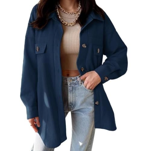 VICHYIE Womens Corduroy Shacket Blouses Button Down Shirts Pocket Long Sleeves Tops Jacket Coats Small Blue