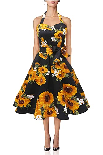 Topdress Women sVintage Polka Audrey Dress 1950s Halter Retro Cocktail Dress Black Sunflower M