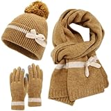 [BLINGOOD] 冬用帽子、マフラー、手袋セット - 可愛くて暖かい、リボン付き (D)