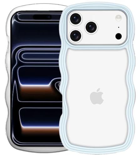 Image of GoldKart iPhone 17 Pro Case Wavy Edge Clear Back Design, Anti-Slip Grip Cute Wave Curly Frame Shape Shockproof Soft TPU & Hard PC Bumper Protective Phone Case Cover for Women Girls - Light Blue