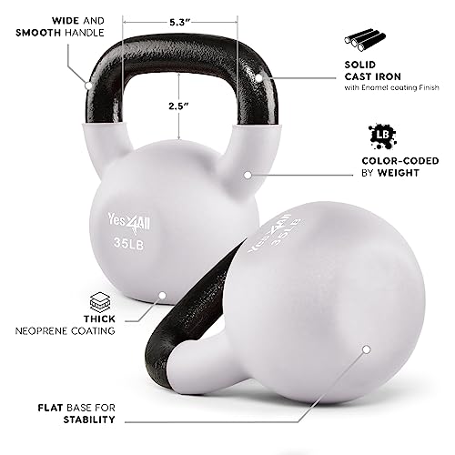 Yes4All Kettlebell, 35 LB Neoprene Coated Cast Iron Kettlebells, Wide Grip Handle & Flat Bottom for Swings, Squats, Deadlifts, Push Ups & Full Body Training at Home Gym by Yes4All - Image 3
