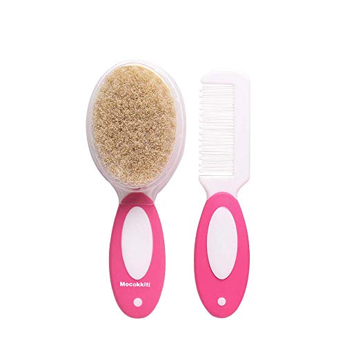 Mocokkiti Baby Grooming Set, Baby Hair Brush and Comb Set for Newborns & Toddlers Eco-Friendly Safe and Soft Goat Bristle Brush, Perfect for New Baby Shower and Registry Gift (Pink)