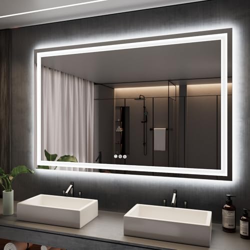 ISKM 66''L x 40''W LED Mirror for Bathroom Lighted Vanity Mirror for Wall Front Lights + Backlit LED Bathroom Mirror Anti-Fog Tempered Glass ETL Listed