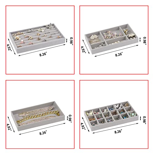 Ptaedex Stackable Velvet Jewelry Trays Organizer for Drawers, Small Jewelry Drawer Organizer Display Tray for Earring Ring Watch Bangle Bracelet Necklace, Set of 4, Gray