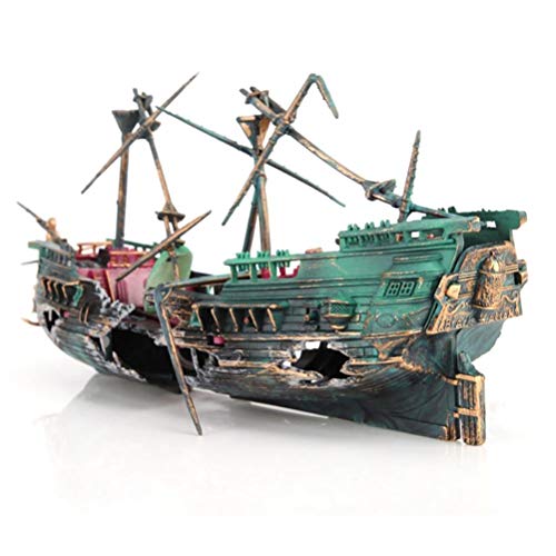 Merkts Schiffswrack-Dekorationen, große Aquarium-Dekoration, versunkene Galeonenschiff-Wrack, Kunstharz-Ornamente, Landschaftsbau, Tiefsee, verrottete Schiffswrack, Dekoration (grün)