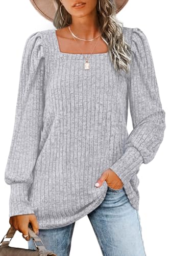 Image of WIHOLL Long Sleeve Shirts for Women Trendy Casual Square Neck Tops Lightweight Sweaters