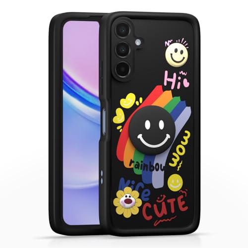 Image of Pikkme Back Cover for Samsung Galaxy A15 4G / A15 5G | Soft Silicone| Cute Rainbow Smile & 3D Cartoon Flower Design | Shockproof Raised Camera Protection Bumper Case (Black)