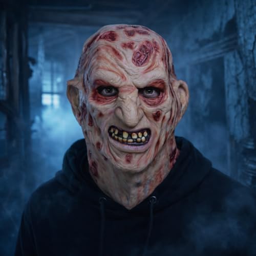Image of WANNA PARTY Halloween Freddy Kruger Burnt Face Mask Horror Scary Monster Deluxe Evil Devil Mask for Adults A Nightmare On Elm Street for Scary Creepy Cosplay Party Costumes