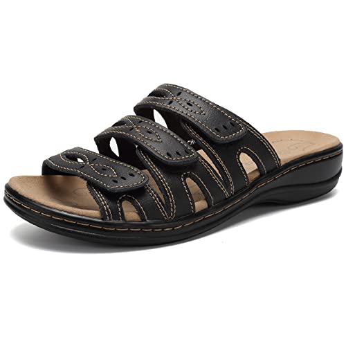 CIOR Women's Classic Leather Sandals, Black, Flat, Open Toe, Arch Support, Adjustable Strap, Casual, Water Resistant, Perfect for Beach, Street, Shopping, Dating, Vacation, Pool, Party