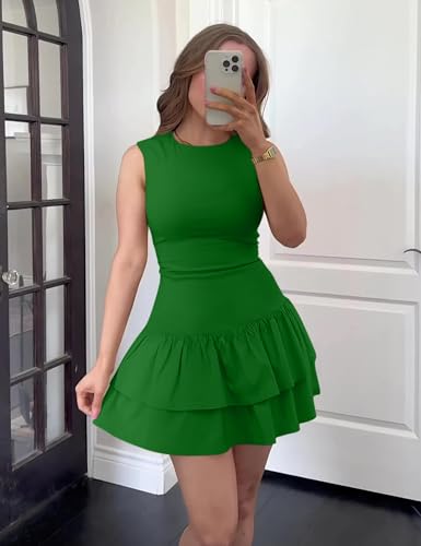 Image of GOKATOSAU Women's Summer Round Neck Cap Sleeve Bodycon Tiered Ruffle Hem Mini Dress Green