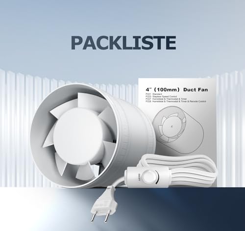 BUMSOU Rohrventilator 100 mm Regelbare Geschwindigkeit, 145m³/h Rauchabzug Ventilator, Rohrlüfter Leise mit Doppelkugellagermotor, Inline Abluftventilator, Bad Lüfter für Gewächshaus Zelt Garage WC