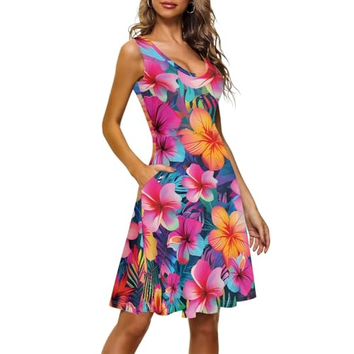 Image of TOADDITDO Women's Sleeveless O Neck Beach A-Line Party Coctail Tank Dresses Flared Sundress
