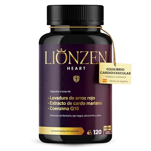 Levadura de arroz rojo (2,99mg de Monacolina K) Coenzima Q10, Cardo Mariano +10 ingredientes Colesterol, Salud Cardiovascular y Detox Hígado | Berberina, Astaxantina | 120 Cápsulas | Lionzen Heart