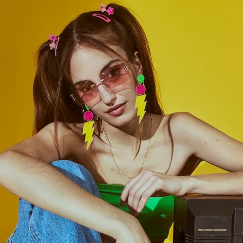2Pcs 80s 90s Neon Earrings for Women Hollow Lightning Bolt Earrings Colorful Drop Earrings Neon Accessories for 80's Outfit Glow Party Earrings3