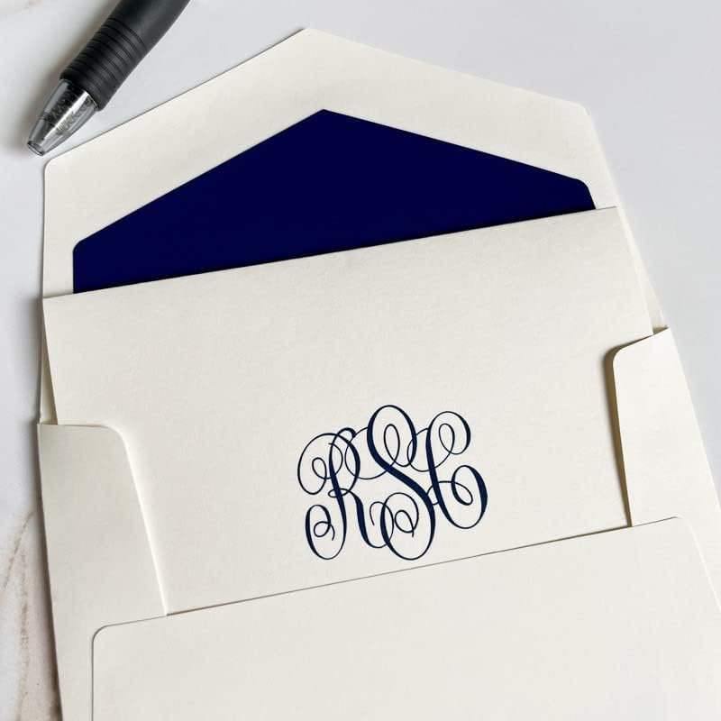 Personalized Del Mar Monogrammed Raised Ink Fold Notes with Matching Envelopes | 4" x 5" | Double-Thick 110 lb Cardstock | Raised Ink Thermography | Custom Stationery | Set of 25 | Made in USA