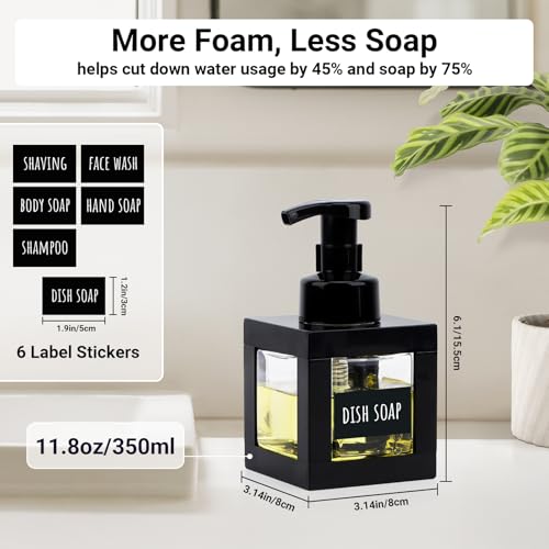 Segbeauty 11.84oz Black Foaming Soap Dispenser for Bathroom, 2pcs 350ml Empty Square Dish Soap Dispenser with Labels Pump for Kitchen, Refillable Hand Wash Foam Dispenser Soap Reusable Shampoo Bottles2
