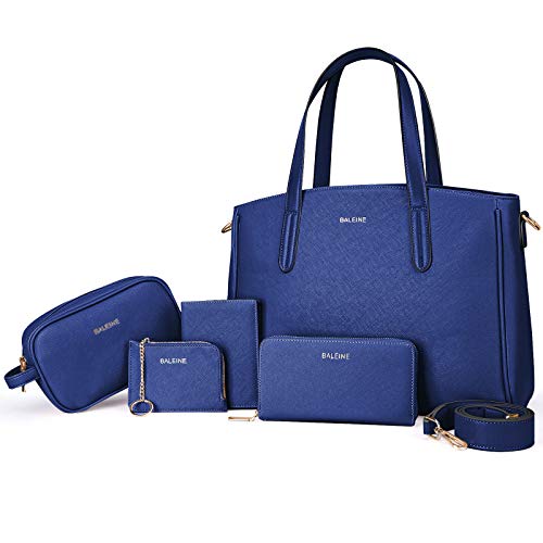 BALEINE 5 Pcs Handbag Set, Womens Handbags with Shoulder Bags, Small purse, Wallet, Cosmetic Hand Bag and Card Holder, Blue