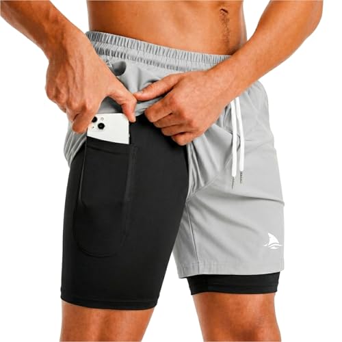 Image of Boldshark Men's 2-in-1 Running Shorts with Inner Compression Layer, Quick-Dry Sports Shorts with Phone Pocket for Gym, Running & Training