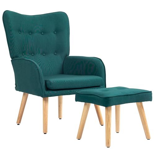 HOMCOM Sillón con Reposapiés Sillón Lectura con Respaldo Alto Capitoné Asiento Amplio Patas de Madera y Tapizado en Lino Butaca para Salón Dormitorio Oficina Verde Oscuro