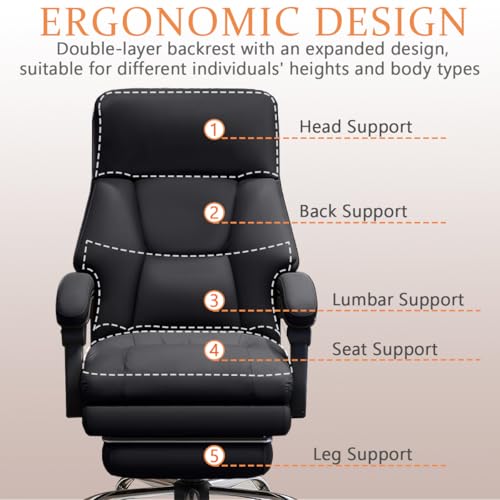 Image of Office Chair with Retractable Footrest Comfortable Executive Desk Chair, Heavy-Duty Ergonomic Leather Chair, Adjustable Height Computer Gaming Chairs for Home Office