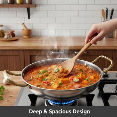 Image of Crega Stainless Steel Frying Pan with Dual Gold Handles, Honeycomb Nonstick Tri-Ply Skillet, Induction Compatible Deep Fry Chef Pan for Gas, Ceramic & Induction Cooktops, Multipurpose Cookware