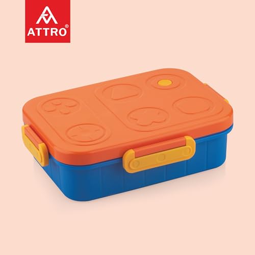 Image of ATTRO TicTac Plastic Lunch Box - 3 Compartment Bento Tiffin, Leak-Proof & Durable, Ideal for Kids, School, Picnic- 1200ml+80ml, Orange Blue
