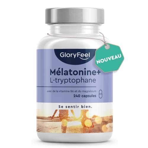 Complexe Mélatonine + L-Tryptophane 500 mg, Vitamine B6 avec Magnésium, 240 Capsules (4 mois), Aide Naturelle au Sommeil, Tryptophane Relaxant, Contre la Fatigue et L'Épuisement*, 100% Végétalien