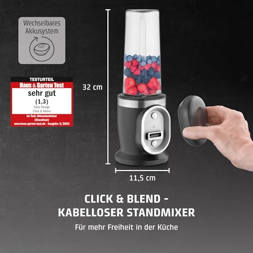 CASO Click & Blend bezprzewodowy mikser stojący, zasilany akumulatorem, 240 W, do koktajli, shake'ów i wielu innych – 14 000 obr./min; 4-krotny nóż ze stali nierdzewnej, idealny do dipów, szejków