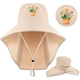 Shyyween Garden Hats for Women Gardener Gifts Sun Protection Wide Brim Embroidered Hat with Neck Flap for Christmas Birthday(Beige,Hair Don't Care)