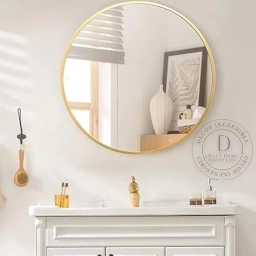 Image of Round Sunburst Wall Mirror Gold Metal Frame for Decoration Decorative Design Stylish Large Item Abstract for Living Room Bedroom Dining Bathroom Office Cafes House Hall 12in
