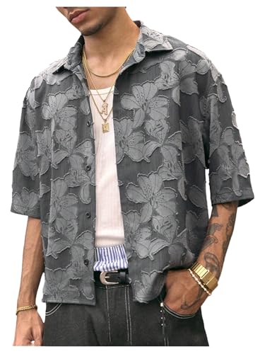 BEAUDRM Men's Boho Floral Button Down Shirt Short Sleeve Textured Summer Crop Top Streetwear Country Concert 70s Outfits Grey X-Large