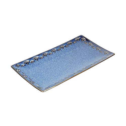 Mikasa Satori Japanese Serving Platter With Wave Pattern Border And Real Gold Rim, Porcelain, Indigo Blue/White, 15.5 X 28 Cm #TOP1