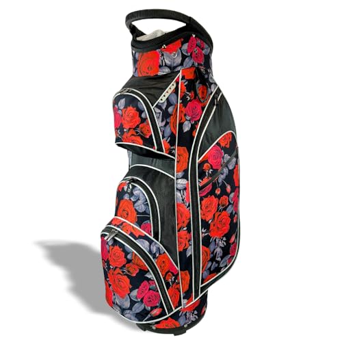Taboo Fashions Monaco Collection 14-Way Ladies Golf Bag - Lightweight Women’s Golf Cart Bag with Insulated Cooler Pocket, Rain Hood & More - Golf Accessories for Women (Red Roses)