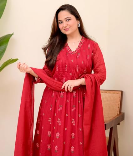 Image of KLOSIA Women Embroidery Solid Anarkali Kurta and Pant Set with Dupatta|Silk|Regular Fit