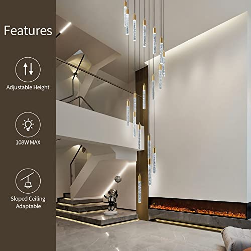 Image of 18-Light Modern Living Room Chandelier Gold Brass Finish Crystal Ceiling Pendant Lights LED Dimmable 108W 6000K Staircase Large Chandeliers for Entryway Lobby Foyer High Ceiling Chandeliers