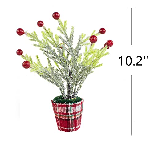Benzoyl Artificial Christmas Mini Tree Snow Flocked Tabletop Decoration, White Xmas Tree With Red Berries & Burlap Base For Home Indoor Outdoor Decorations 10.2'' -3 Pack #TOP4