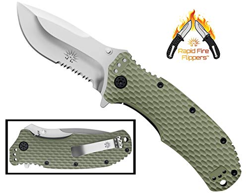Off-Grid Knives - OG-220S - Rapid Fire Camping & Hunting Folding EDC Knife, Cryo Japanese AUS8 Combo Blade with Tough & Grippy Fiberglass Reinforced Nylon (FRN) Handle & All-Position Mounting Clip