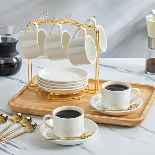 YOLIFE Espresso Cups Set of 6 with Gold Spoons and Foldable Stand, 4oz White Coffee Cup and Saucer Set for Cappuccino, Latte, Americano, Tea, Hot Beverages - Image 7
