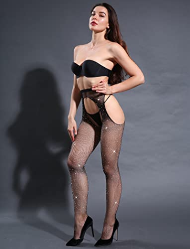 Image of CHRLEISURE Women's Sparkle Rhinestone Fishnets, Sexy Sparkly Glitter Party Concert Outfit Fishnet Stockings