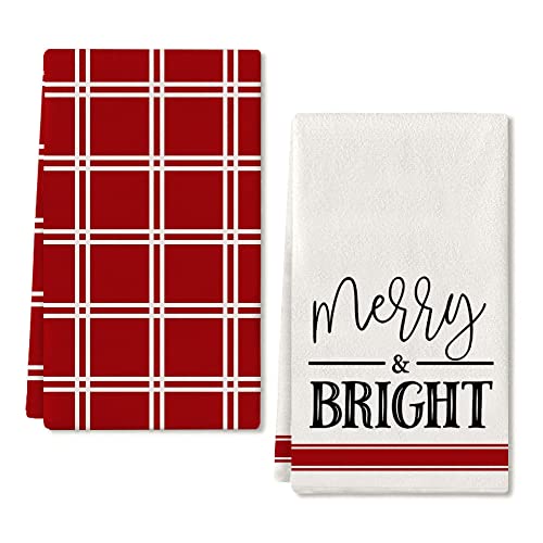 Christmas Dish Towels For Christmas Decor Red Buffalo Plaid Kitchen Towels 18X26 Inch Red Stripes Xmas Washcloths Seasonal Ultra Absorbent Bar Drying Cloths Bright Hand Towel For Cooking Set Of 2 #TOP15