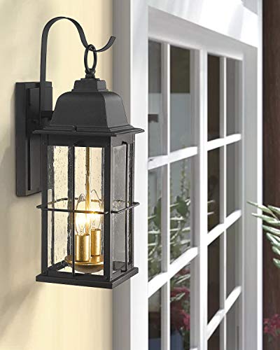 Zeyu Exterior Porch Light Fixtures, 17 Inch Outdoor Wall Sconce For House In Black And Gold Finish With Seeded Glass Shade, 20071B2 #TOP3