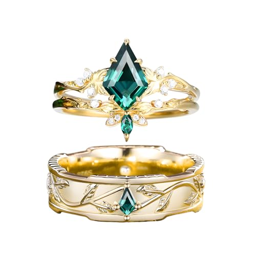 His and Her Emerald Wedding Rings Sets, 925 Sterling Silver 10K/14K/18K Gold Couple Engagement Rings Set, Customized Green Gemstone Anniversary Promise Bands for Man and Women Free Engraving