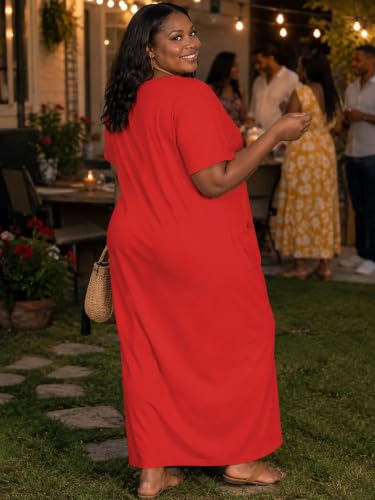 Image of PinkPatty Women's Plus Size Short Sleeve Maxi Dress Casual Loose V Neck Long Dress with Pockets