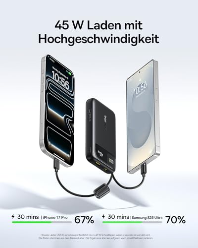 Baseus FC11 Powerbank 45W 20000mAh mit 2 Integriertem USB-C Kabel, Power Bank Klein CCC Zertifizierung mit LED Display, Externe Handyakkus Mini für iPhone 17/16/15/14 Pro Max, iPad, Samsung, Schwarz 2