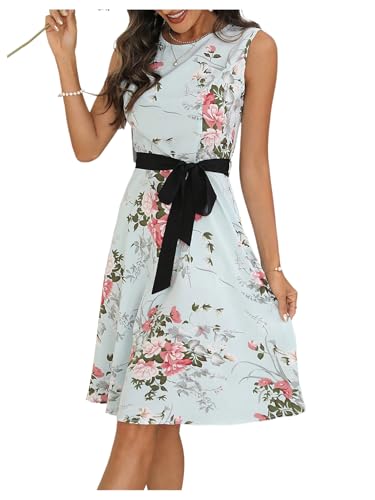 SweatyRocks Women's Floral Print Flared Dress Sleeveless Round Neck Belted A Lined Dresses