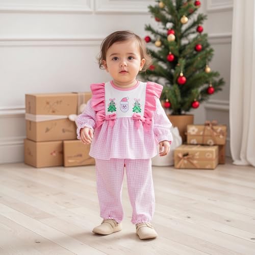 Infant Toddler Baby Girl Christmas Outfit Smocked Long Sleeve Ruffle Shirt Top and Pants Set Fall Winter Clothes2