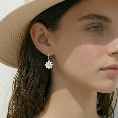 Image of SLUYNZ 925 Sterling Silver White Flower Dangle Earrings for Women Teen Girls Daisy Flower Drop Earrings Summer Spring