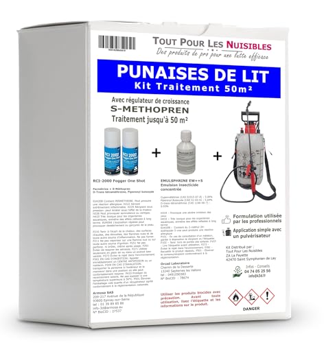 Kit traitement anti Punaises de lit pour 50 m² avec 1 Emulsphrine ew++s insecticide concentré avec régulateur de croissance S-Methoprene, 2 one-shot RCI...